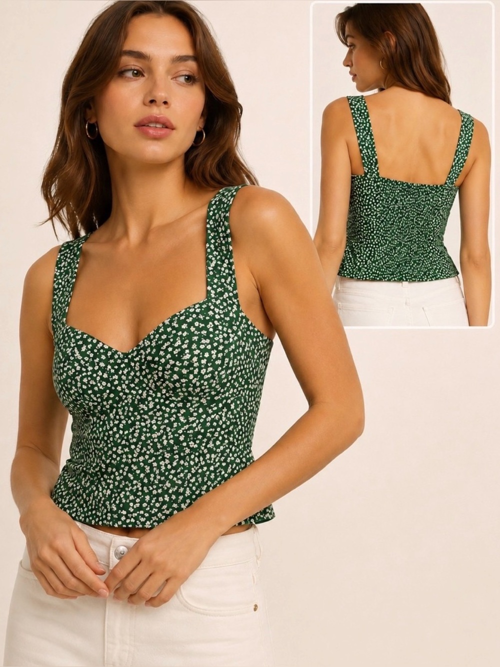 Reformation Hester Top Green Floral Sweetheart Tank Size 2